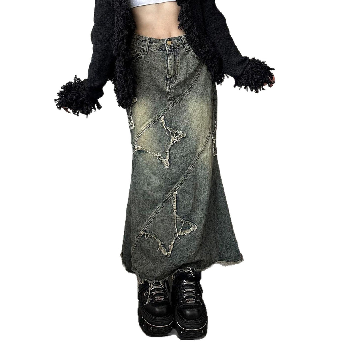 Maxi Skirt with Frayed Patches and Diagonal Seams for Women