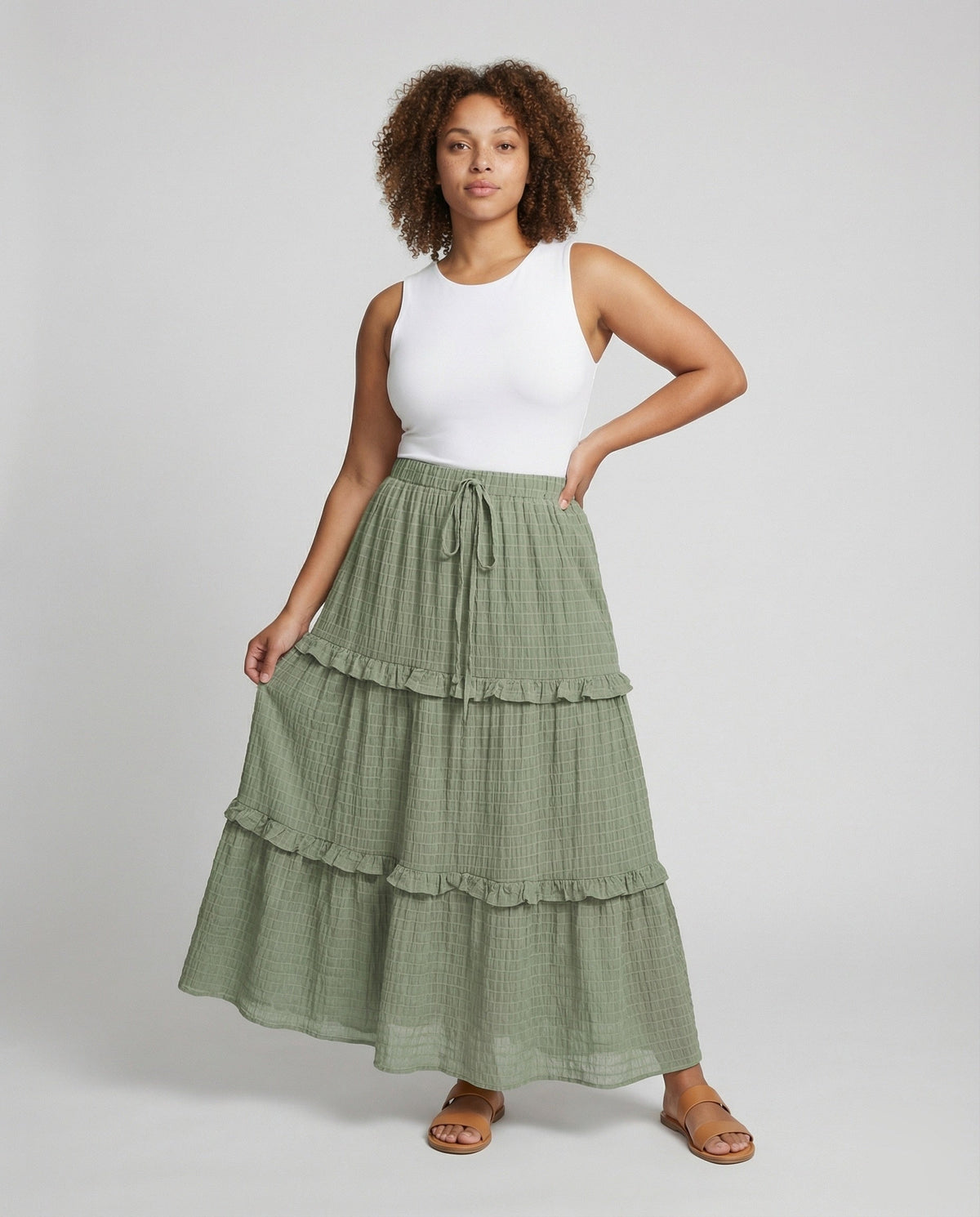 Maxi Skirt with Ruffled Tiers and Drawstring for Women