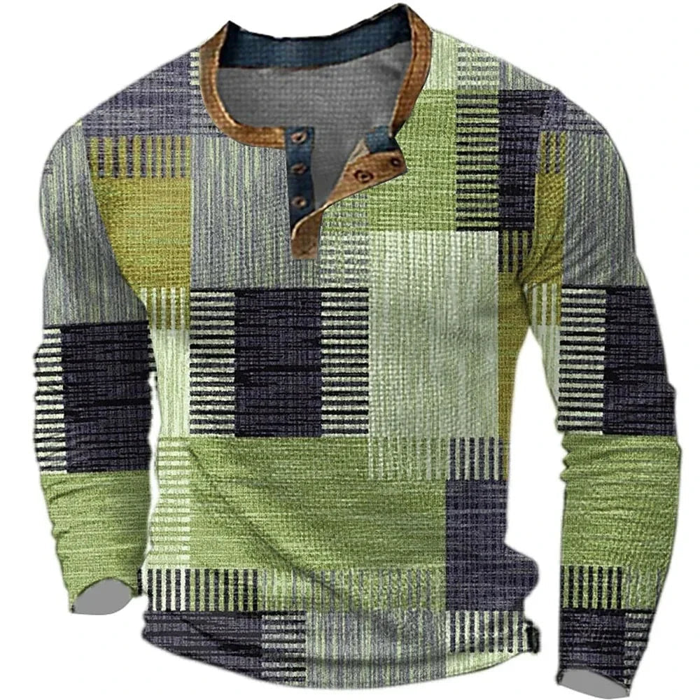Men's Henley Shirts, Breathable Long Sleeve with Patchwork Design