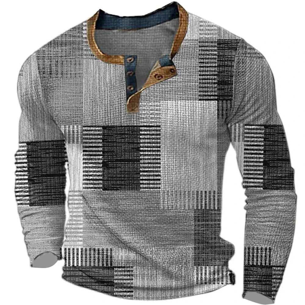 Men's Henley Shirts, Breathable Long Sleeve with Patchwork Design