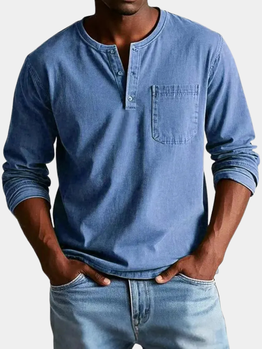 Men's Henley Shirts Cotton Blend, Long Sleeve, Relaxed Fit, Vintage Wash