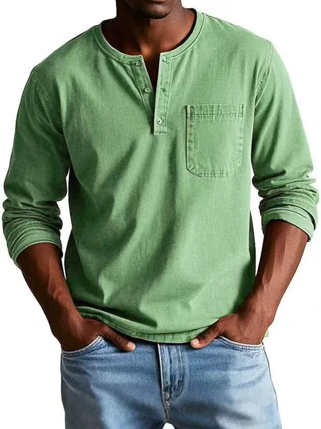 Men's Henley Shirts Cotton Blend, Long Sleeve, Relaxed Fit, Vintage Wash