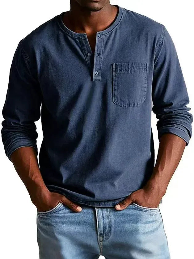 Men's Henley Shirts Cotton Blend, Long Sleeve, Relaxed Fit, Vintage Wash