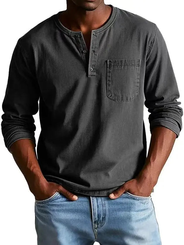 Men's Henley Shirts Cotton Blend, Long Sleeve, Relaxed Fit, Vintage Wash