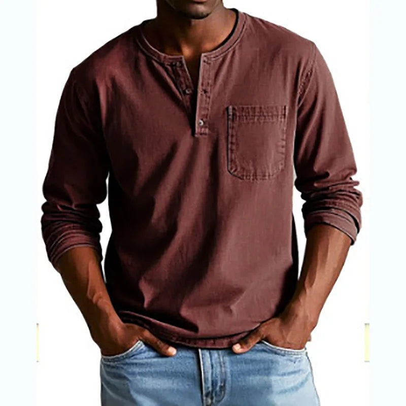 Men's Henley Shirts Cotton Blend, Long Sleeve, Relaxed Fit, Vintage Wash