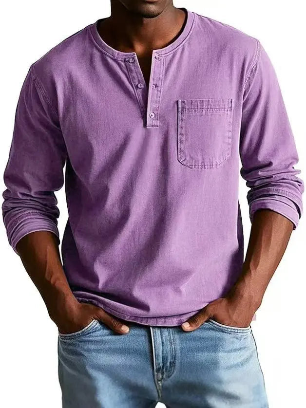 Men's Henley Shirts Cotton Blend, Long Sleeve, Relaxed Fit, Vintage Wash