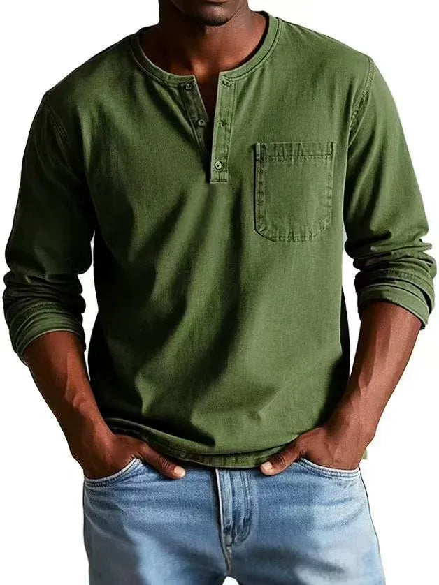 Men's Henley Shirts Cotton Blend, Long Sleeve, Relaxed Fit, Vintage Wash
