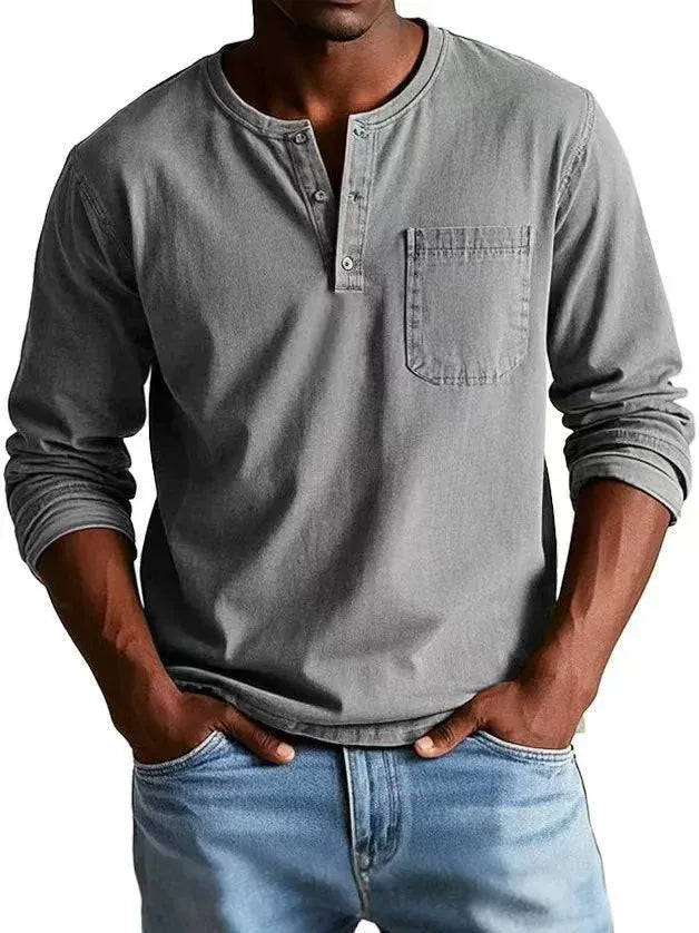 Men's Henley Shirts Cotton Blend, Long Sleeve, Relaxed Fit, Vintage Wash