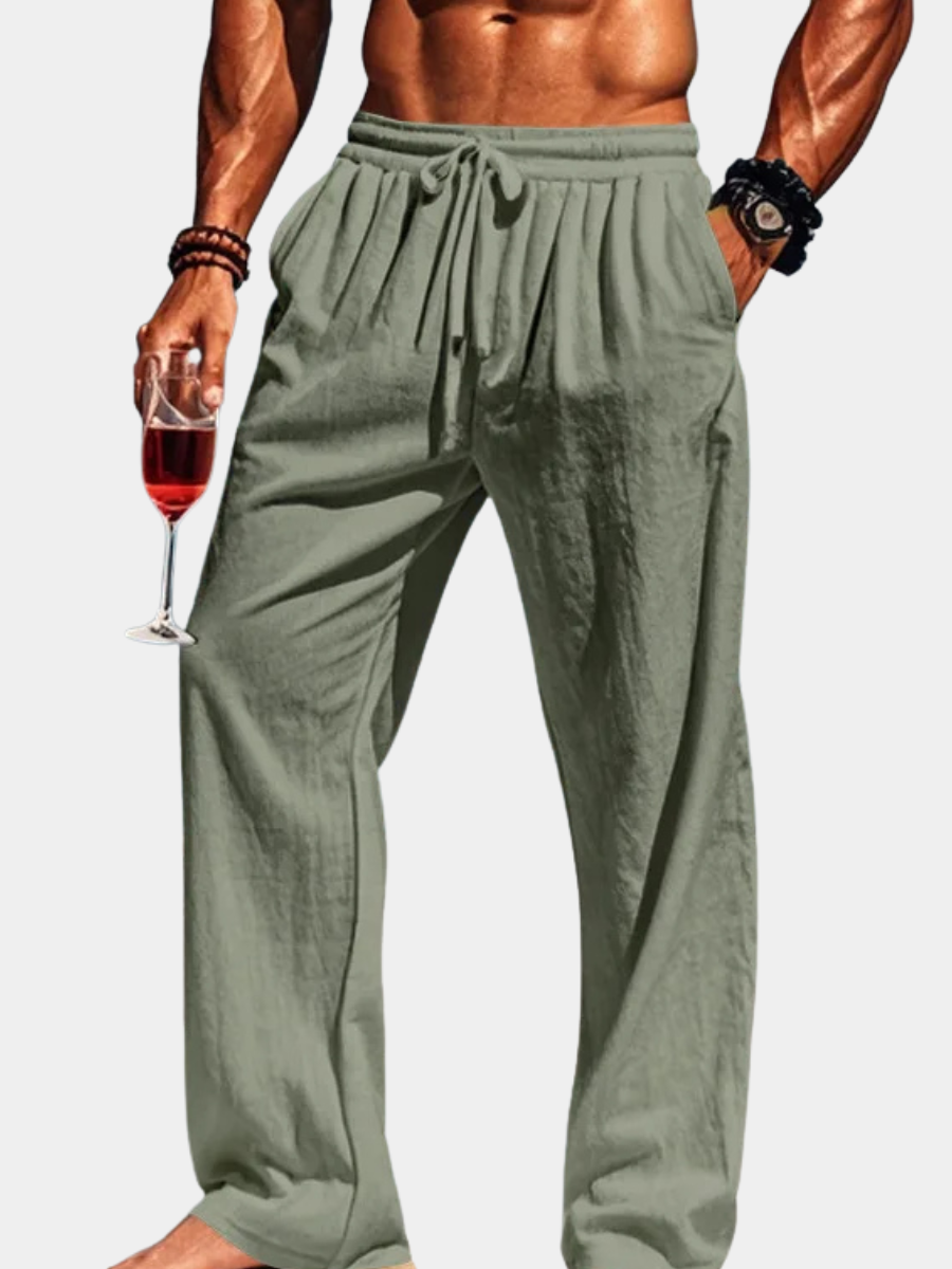 Men's Linen Pants, Loose Fit Summer Trousers with Drawstring
