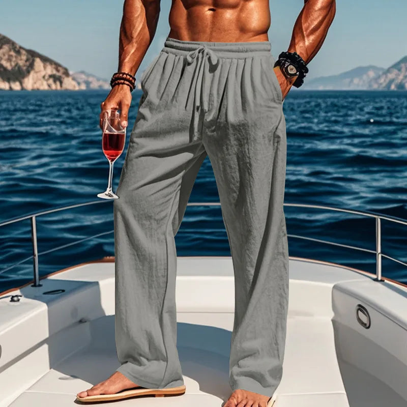 Men's Linen Pants, Loose Fit Summer Trousers with Drawstring