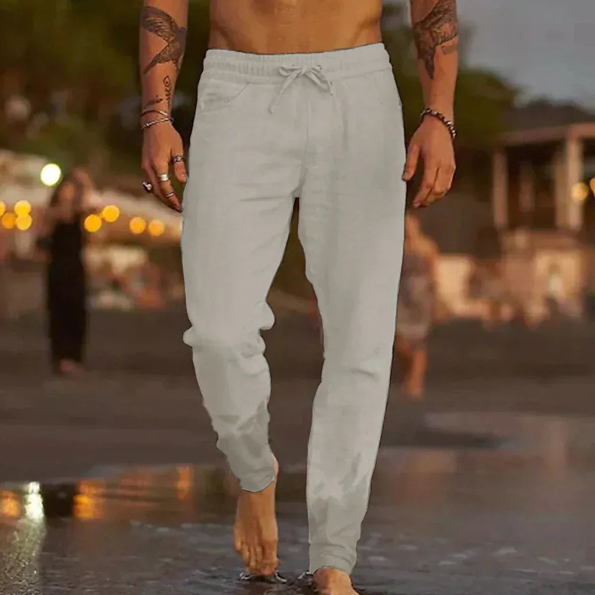 Men's Linen Pants, Relaxed Fit with Elastic Waist for Summer