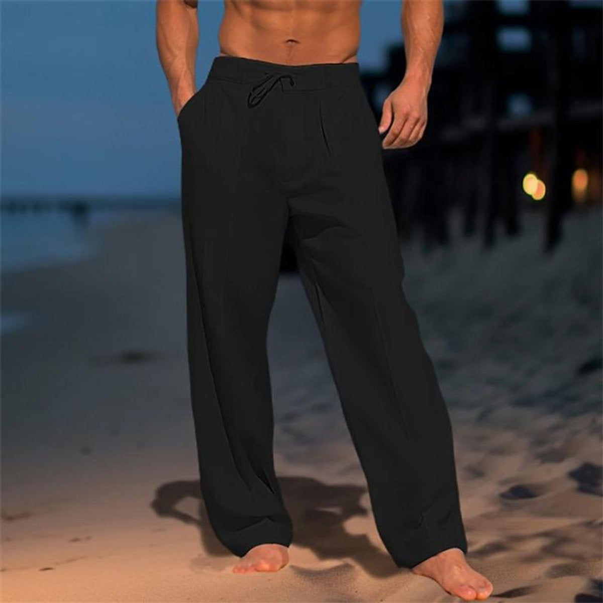 Men's Linen Pants, Wide Leg Relaxed Fit with Drawstring Waist
