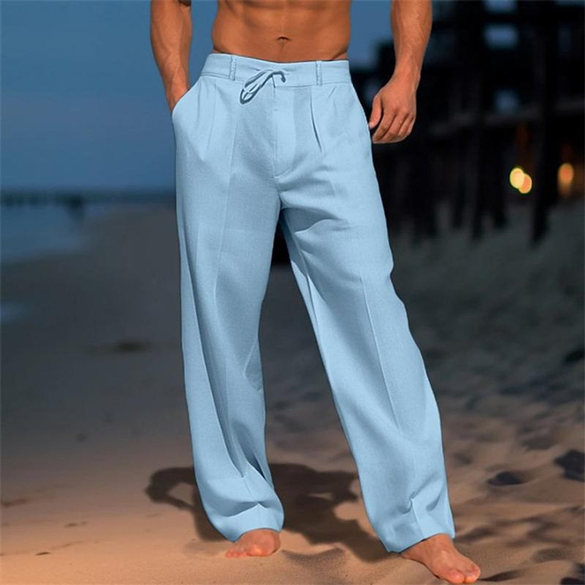 Men's Linen Pants, Wide Leg Relaxed Fit with Drawstring Waist