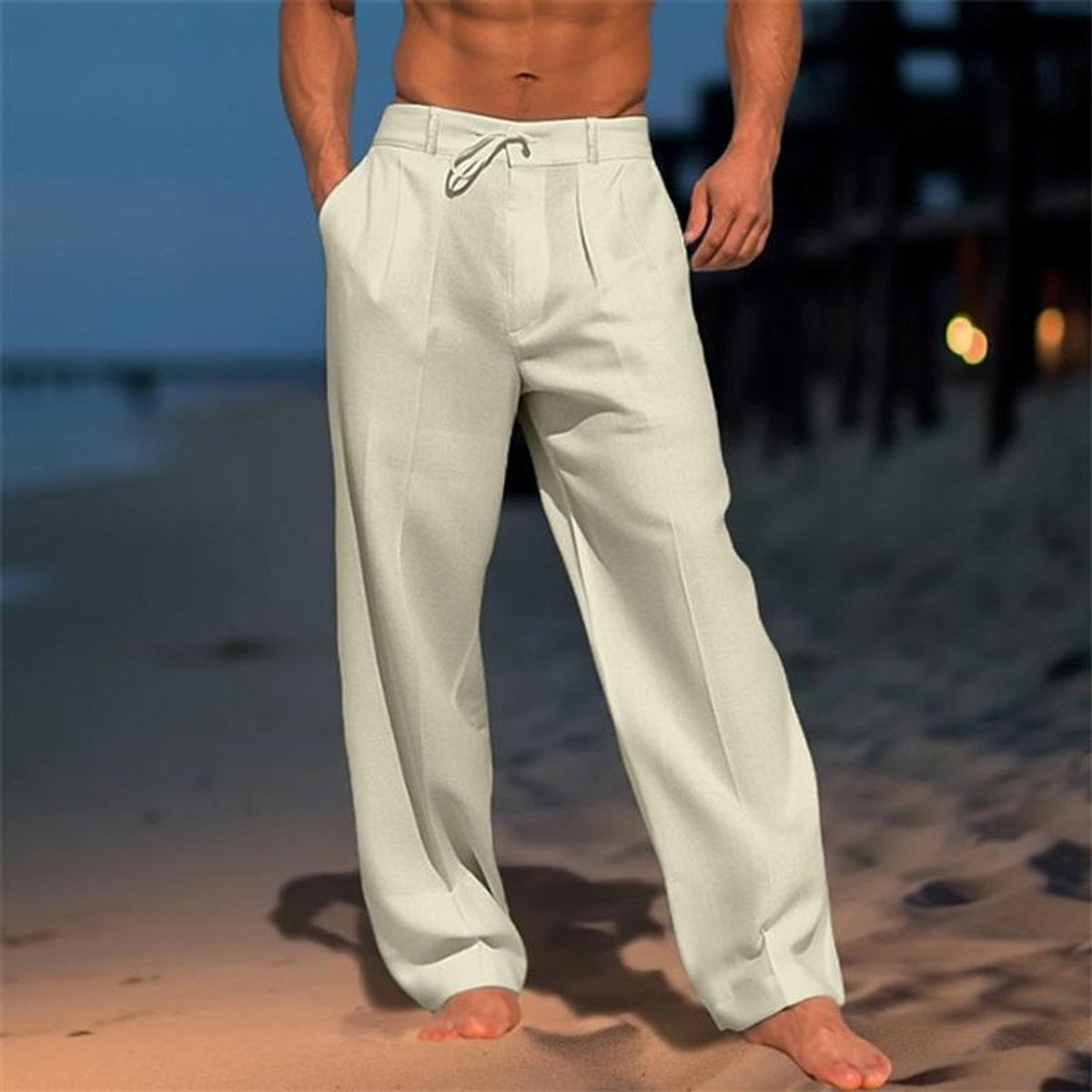 Men's Linen Pants, Wide Leg Relaxed Fit with Drawstring Waist