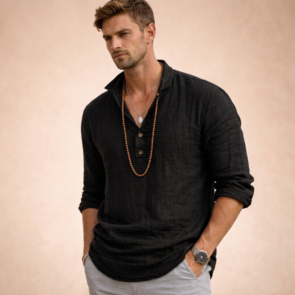Men's Linen Shirts, Lightweight Relaxed Fit with Long Sleeves