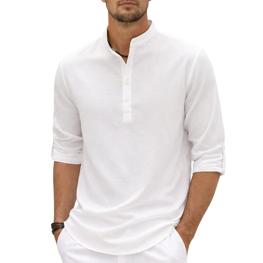 Men's Linen Shirts Relaxed Fit with Grandad Collar and Half Placket