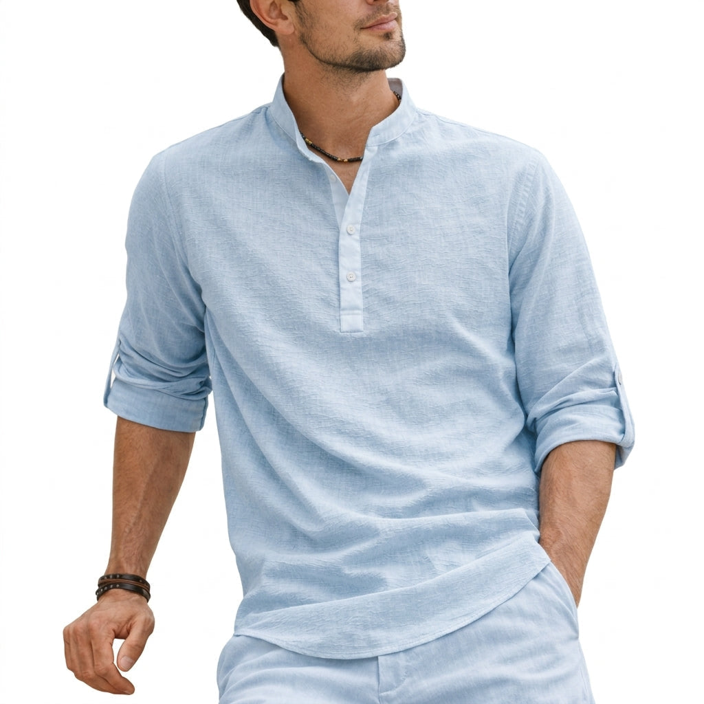 Men's Linen Shirts Relaxed Fit with Grandad Collar and Half Placket