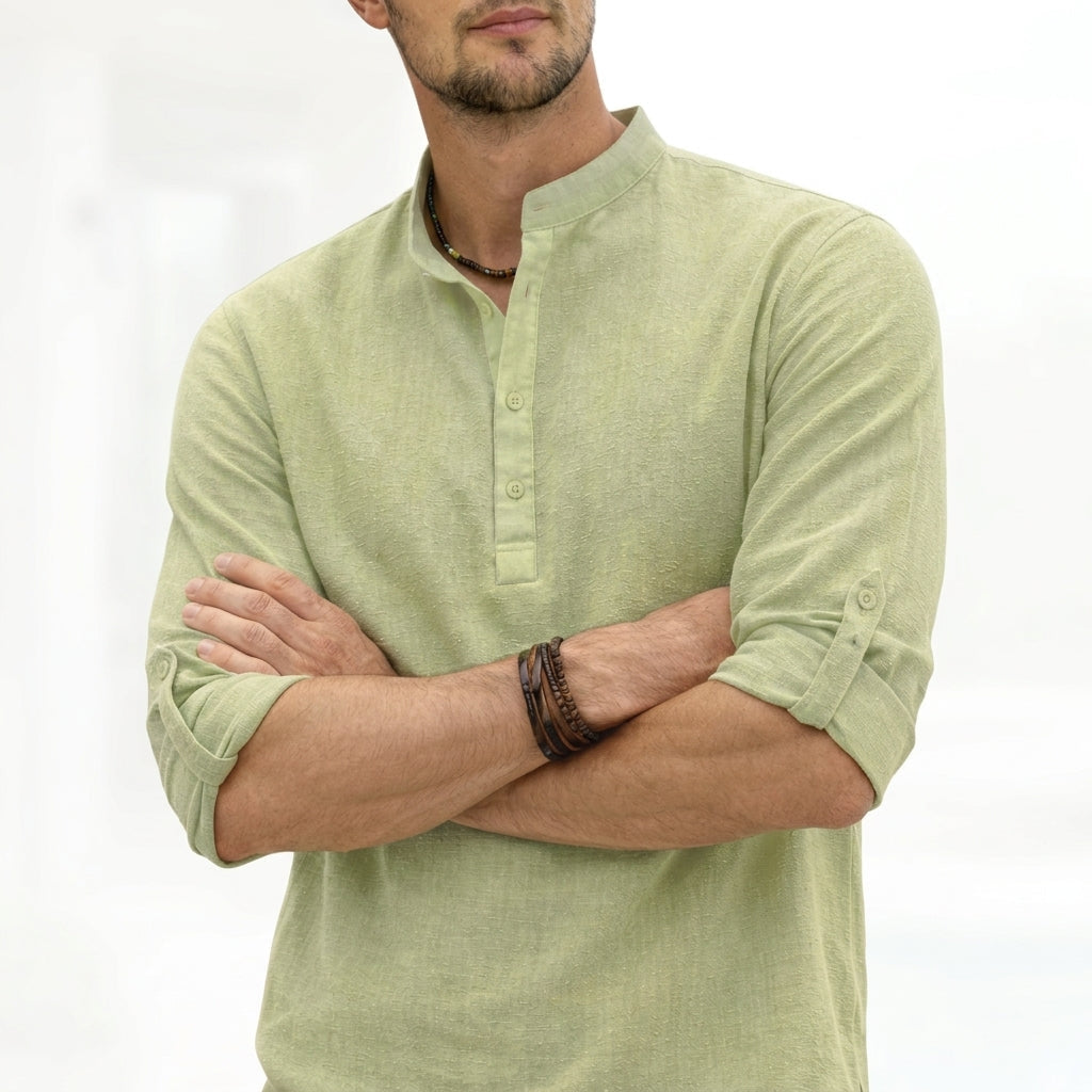 Men's Linen Shirts Relaxed Fit with Grandad Collar and Half Placket