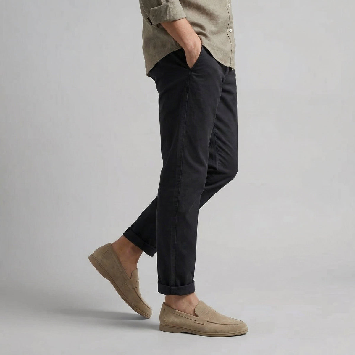 Men's Loafers in Suede with Penny Strap, Slip-On Low Heel