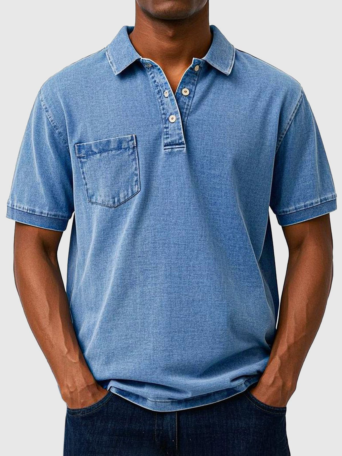 Men's Polo Shirts Cotton-Denim Blend, Short Sleeves with Chest Pocket