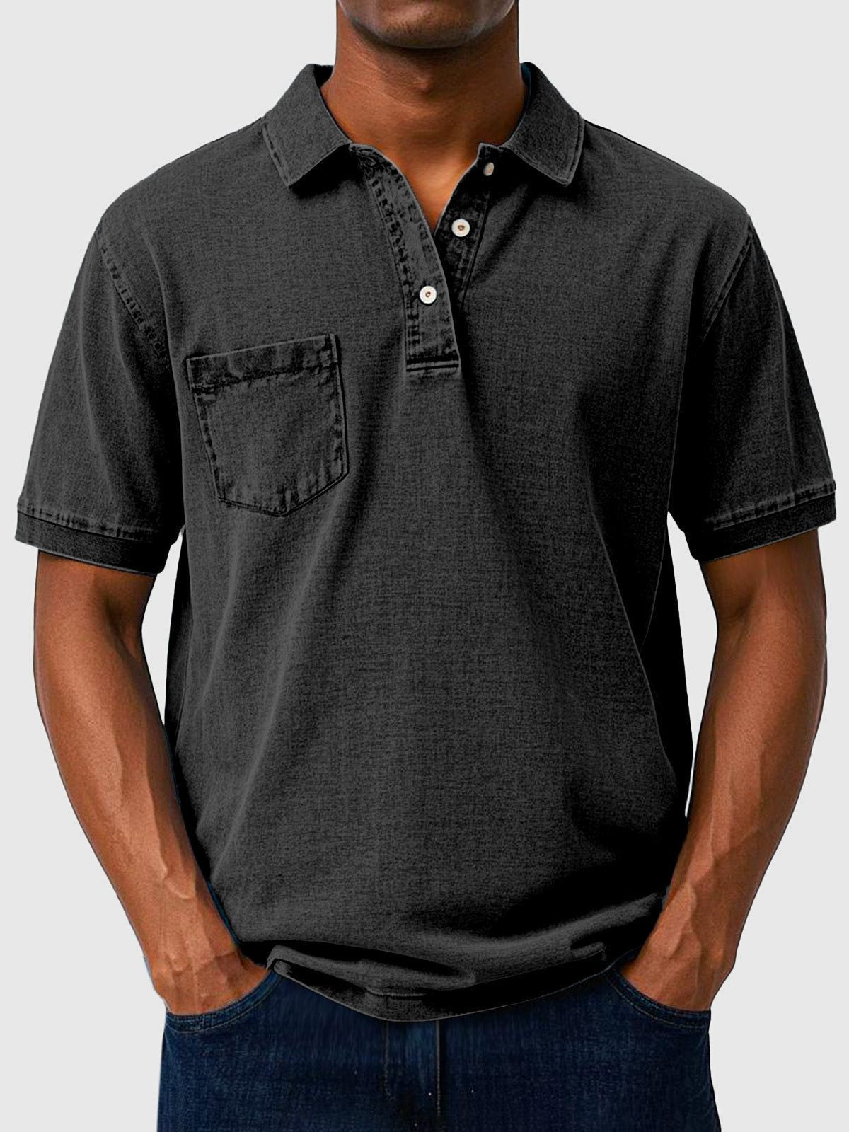 Men's Polo Shirts Cotton-Denim Blend, Short Sleeves with Chest Pocket