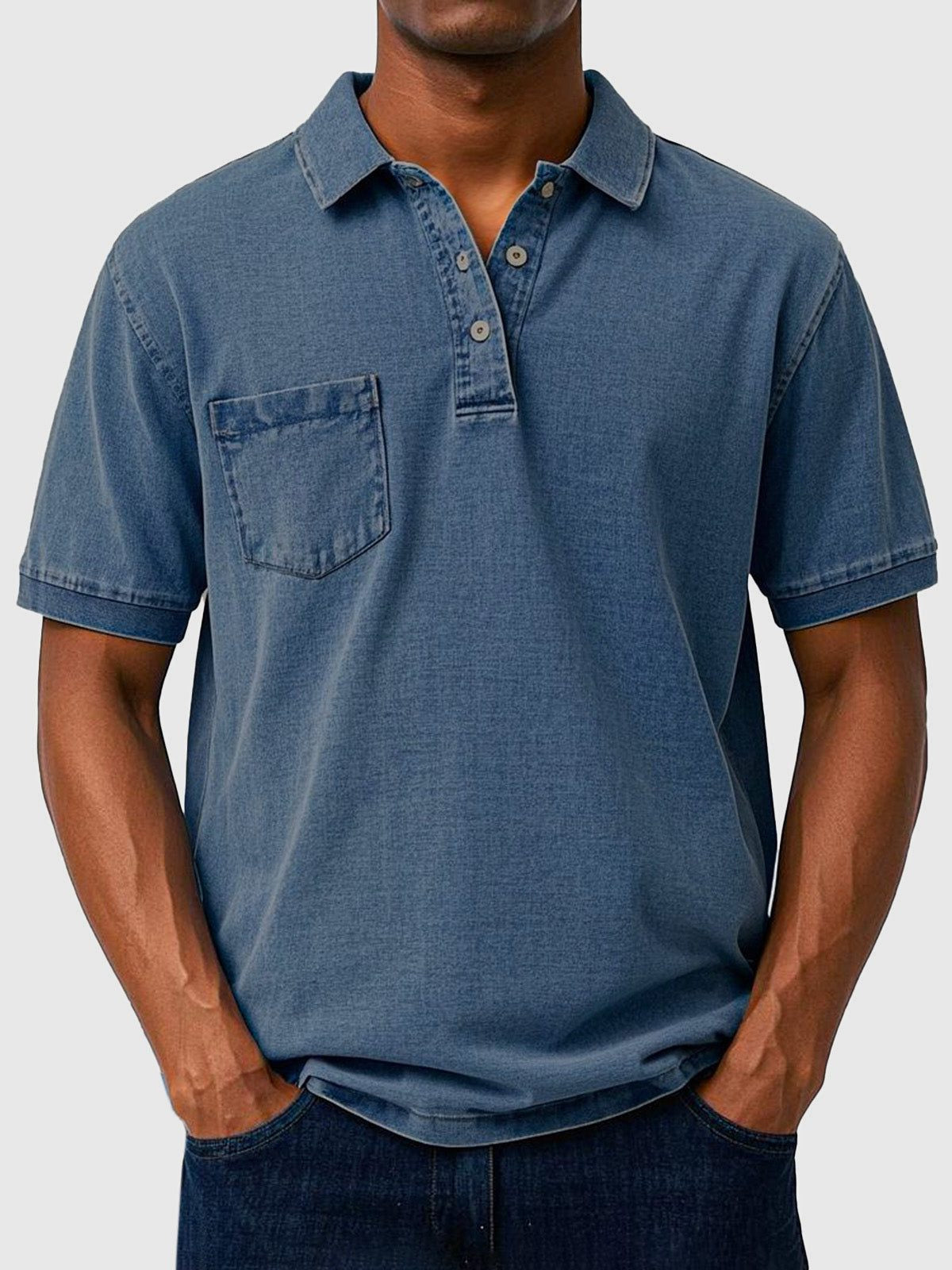 Men's Polo Shirts Cotton-Denim Blend, Short Sleeves with Chest Pocket