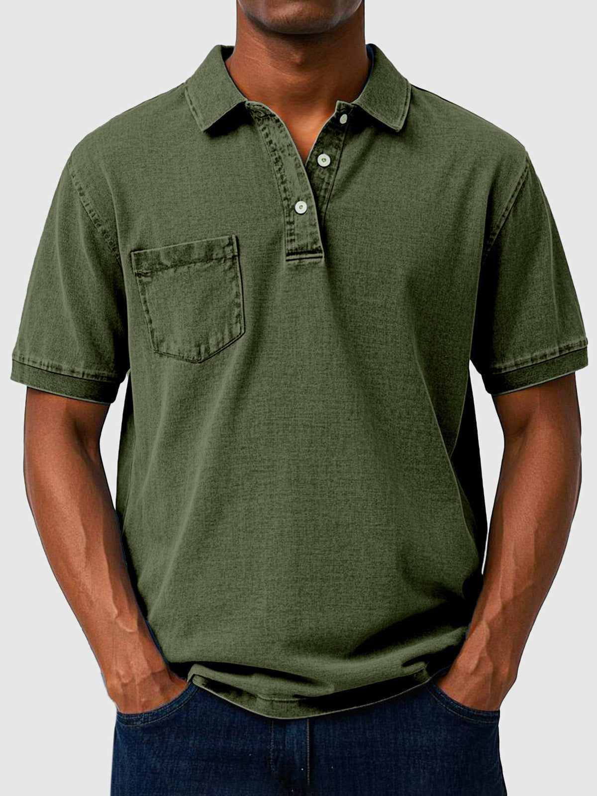 Men's Polo Shirts Cotton-Denim Blend, Short Sleeves with Chest Pocket