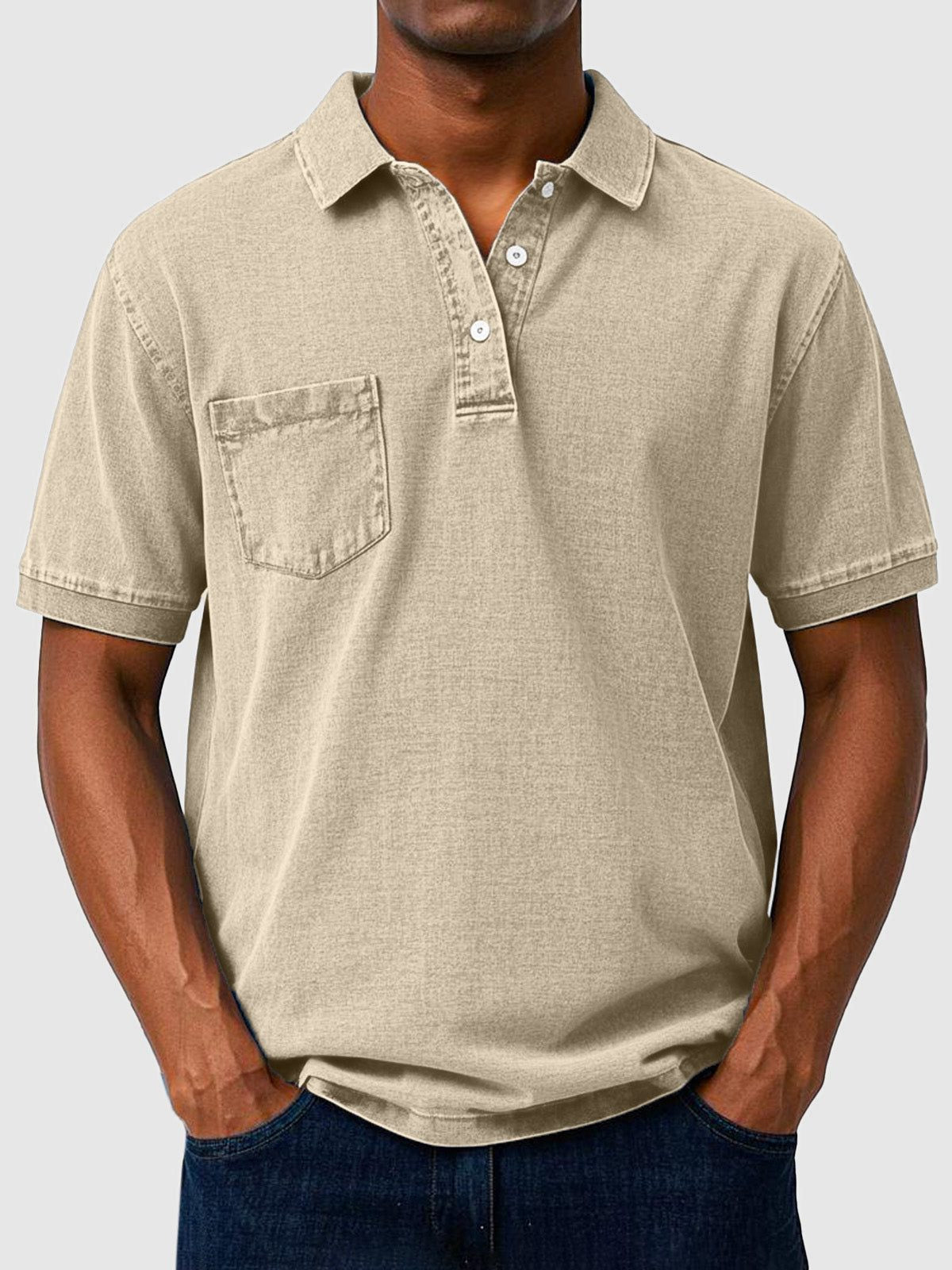 Men's Polo Shirts Cotton-Denim Blend, Short Sleeves with Chest Pocket