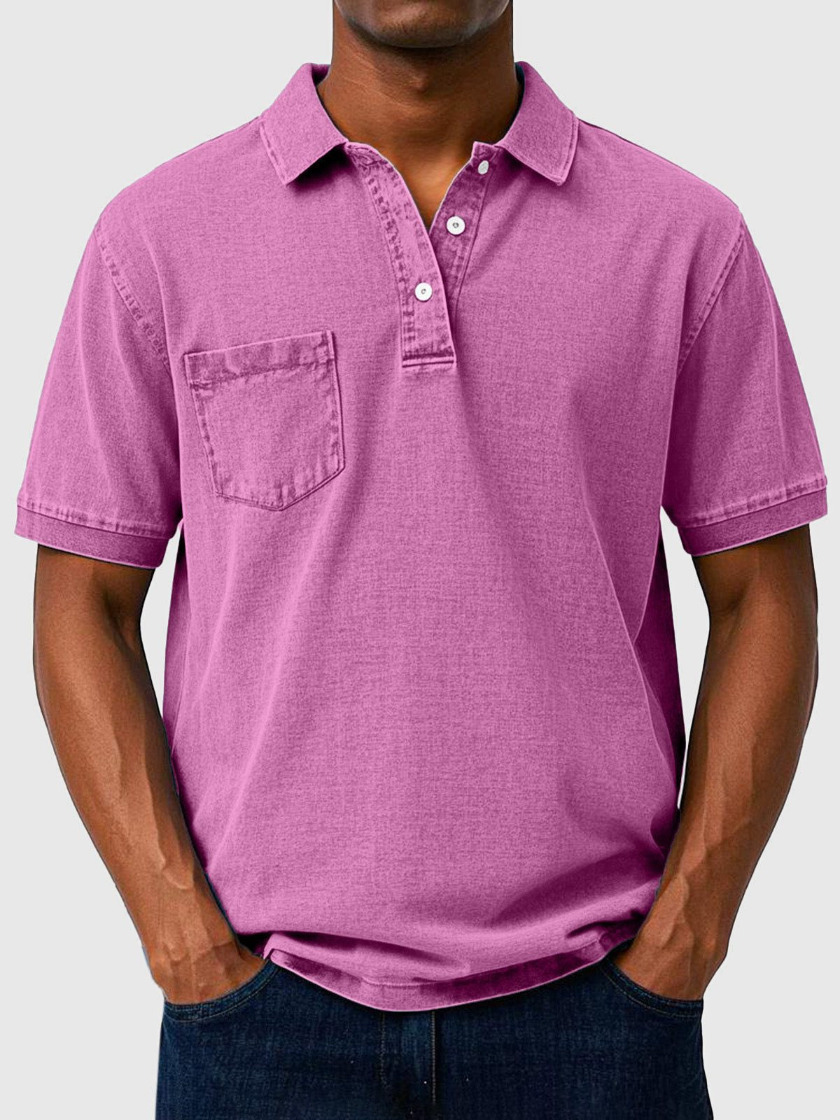 Men's Polo Shirts Cotton-Denim Blend, Short Sleeves with Chest Pocket