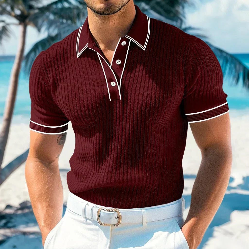 Men's Polo Shirts Ribbed Knit, Short Sleeves with Contrast Trim
