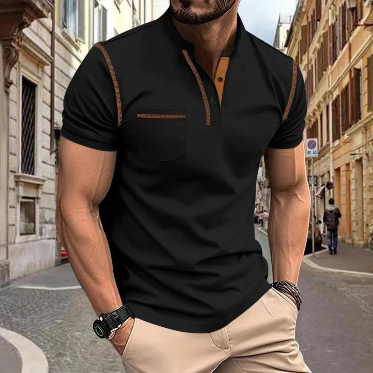 Men's Polo Shirts Short Sleeve with Contrast Stitching, Close Fit
