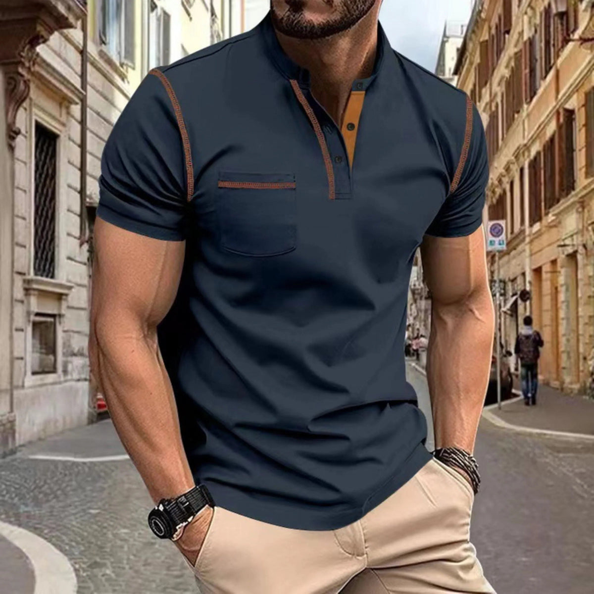 Men's Polo Shirts Short Sleeve with Contrast Stitching, Close Fit