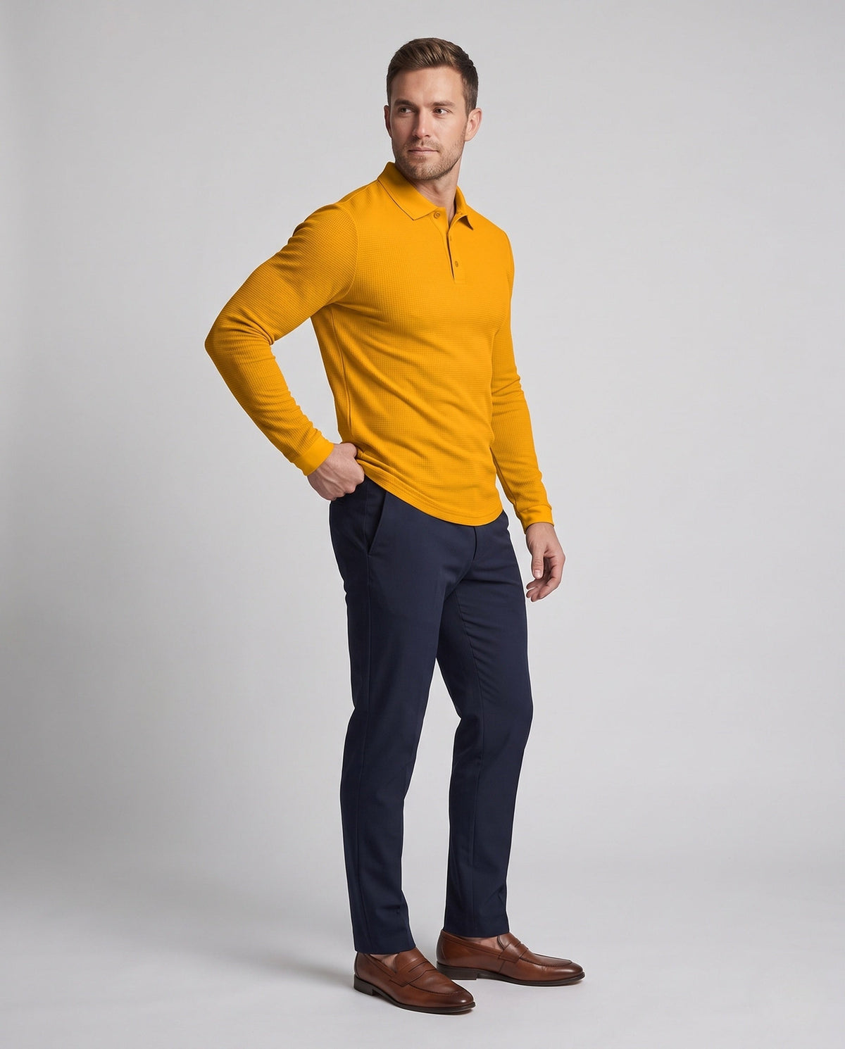 Men's Polo Shirts Textured Jersey, Long Sleeve Slim Fit