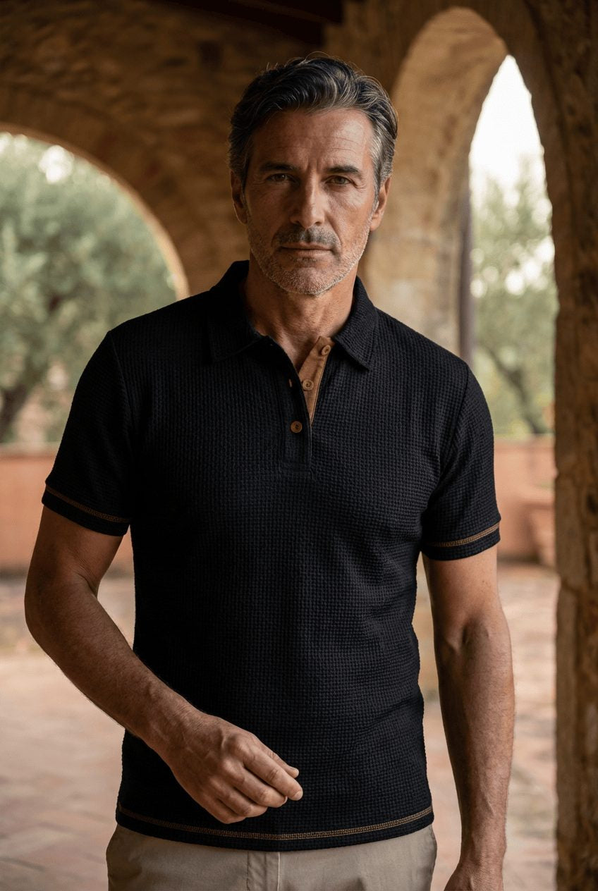 Men's Polo Shirts Textured Short Sleeve with Striped Trim