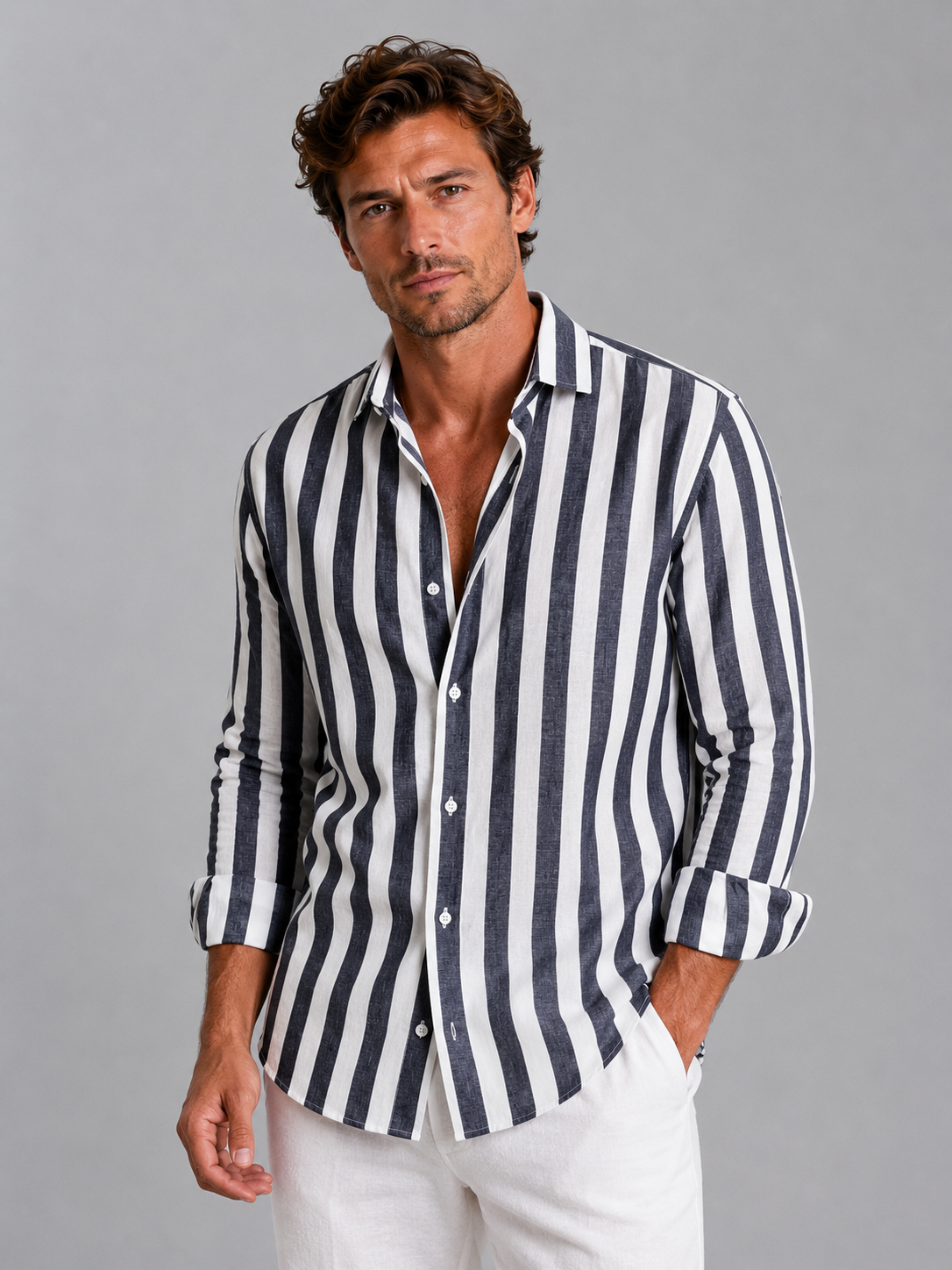 Men's Shirts in Linen Blend, Relaxed Fit with Summer Stripes