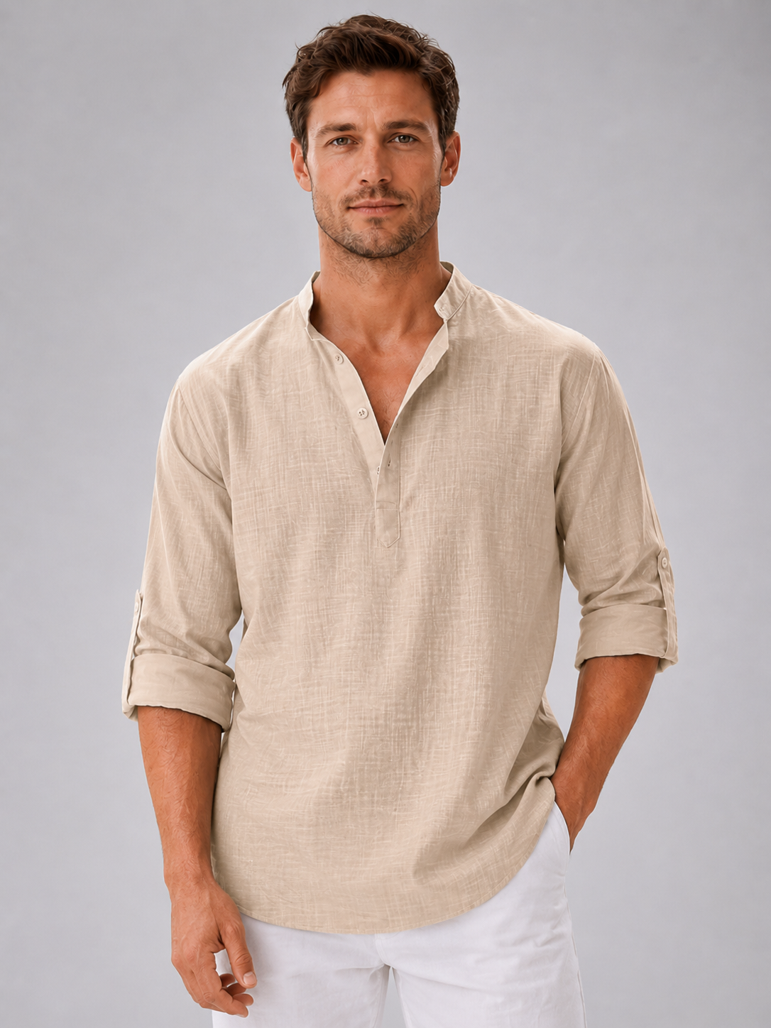 Men's Shirts Linen Blend, Relaxed Summer Fit with Stand Collar