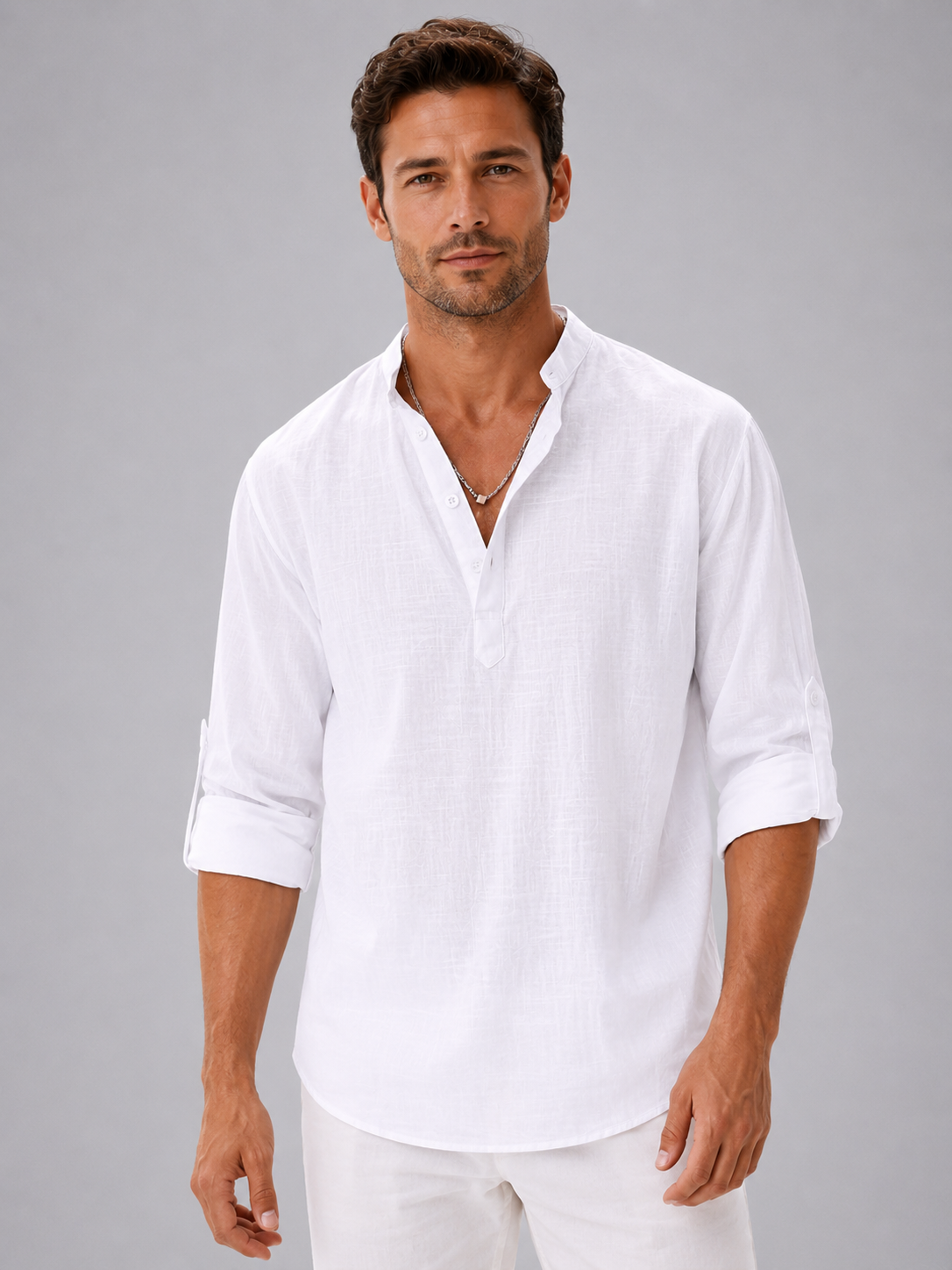 Men's Shirts Linen Blend, Relaxed Summer Fit with Stand Collar