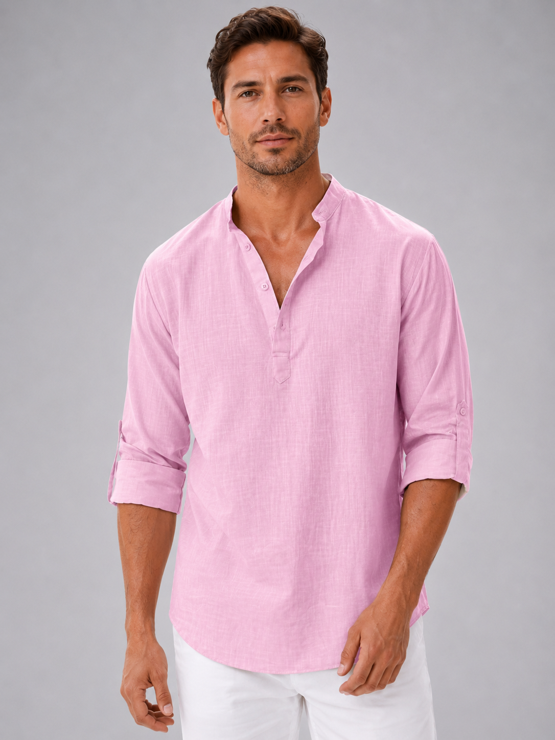 Men's Shirts Linen Blend, Relaxed Summer Fit with Stand Collar