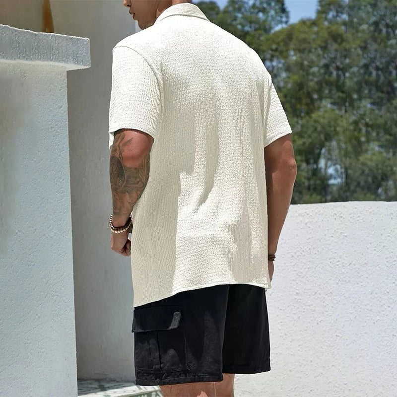 Men's Shirts with Textured Weave, Short Sleeves and Cuban Collar
