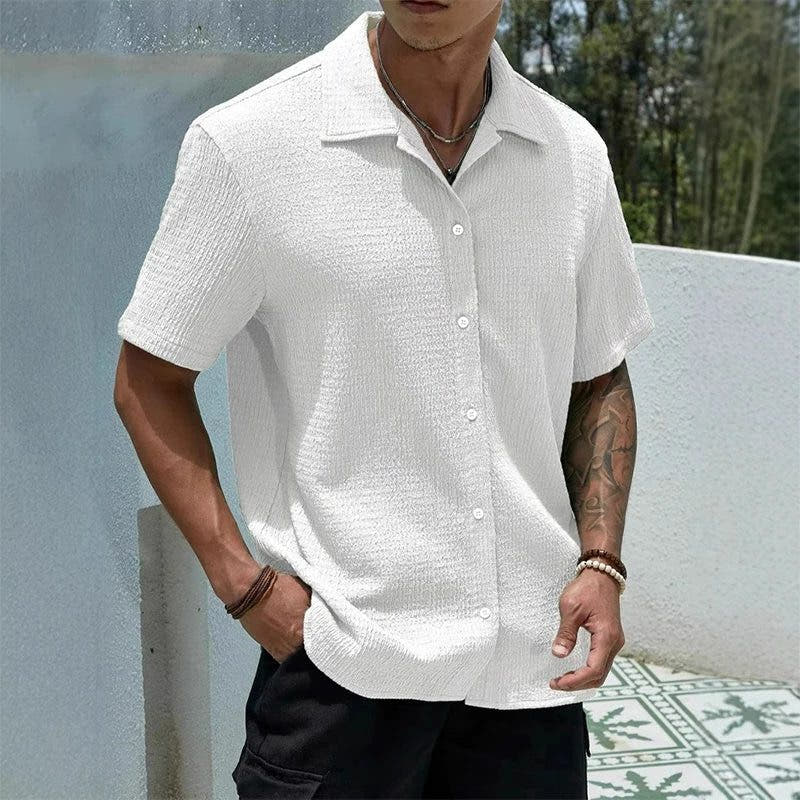 Men's Shirts with Textured Weave, Short Sleeves and Cuban Collar