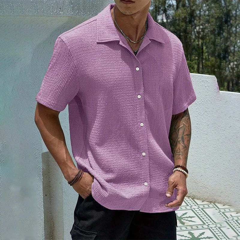 Men's Shirts with Textured Weave, Short Sleeves and Cuban Collar