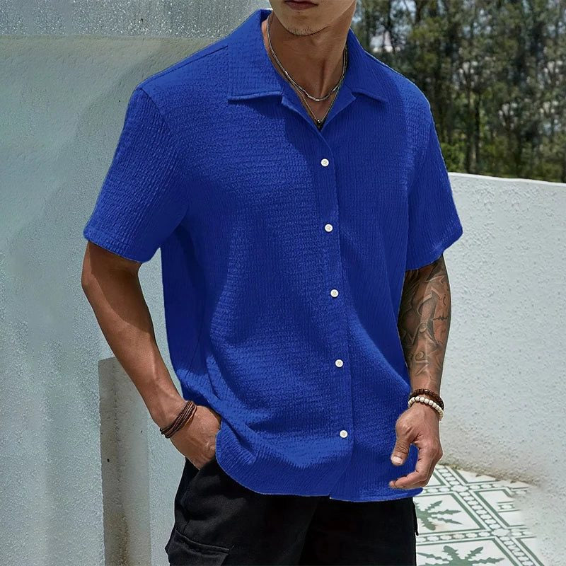 Men's Shirts with Textured Weave, Short Sleeves and Cuban Collar