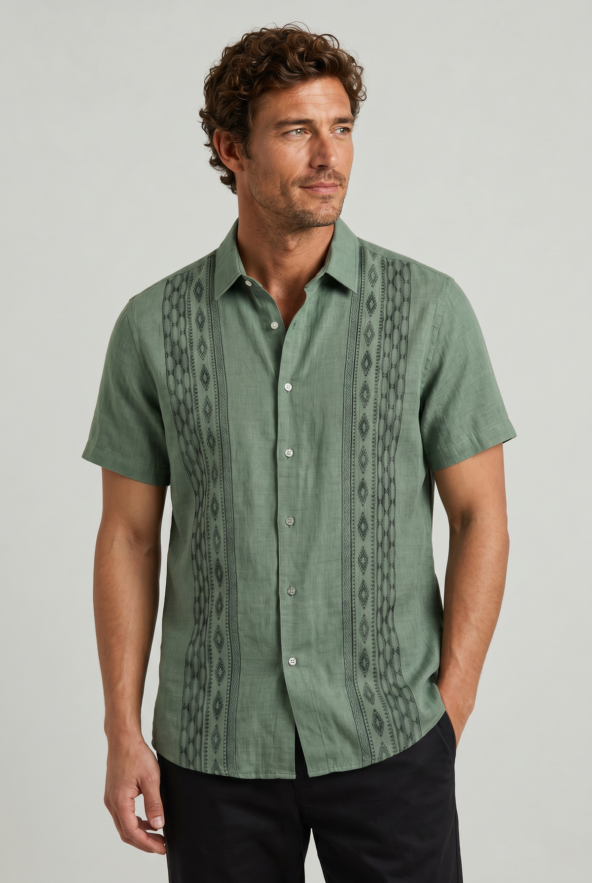 Men's Short Sleeve Shirts, Embroidered Regular Fit Summer Button Up