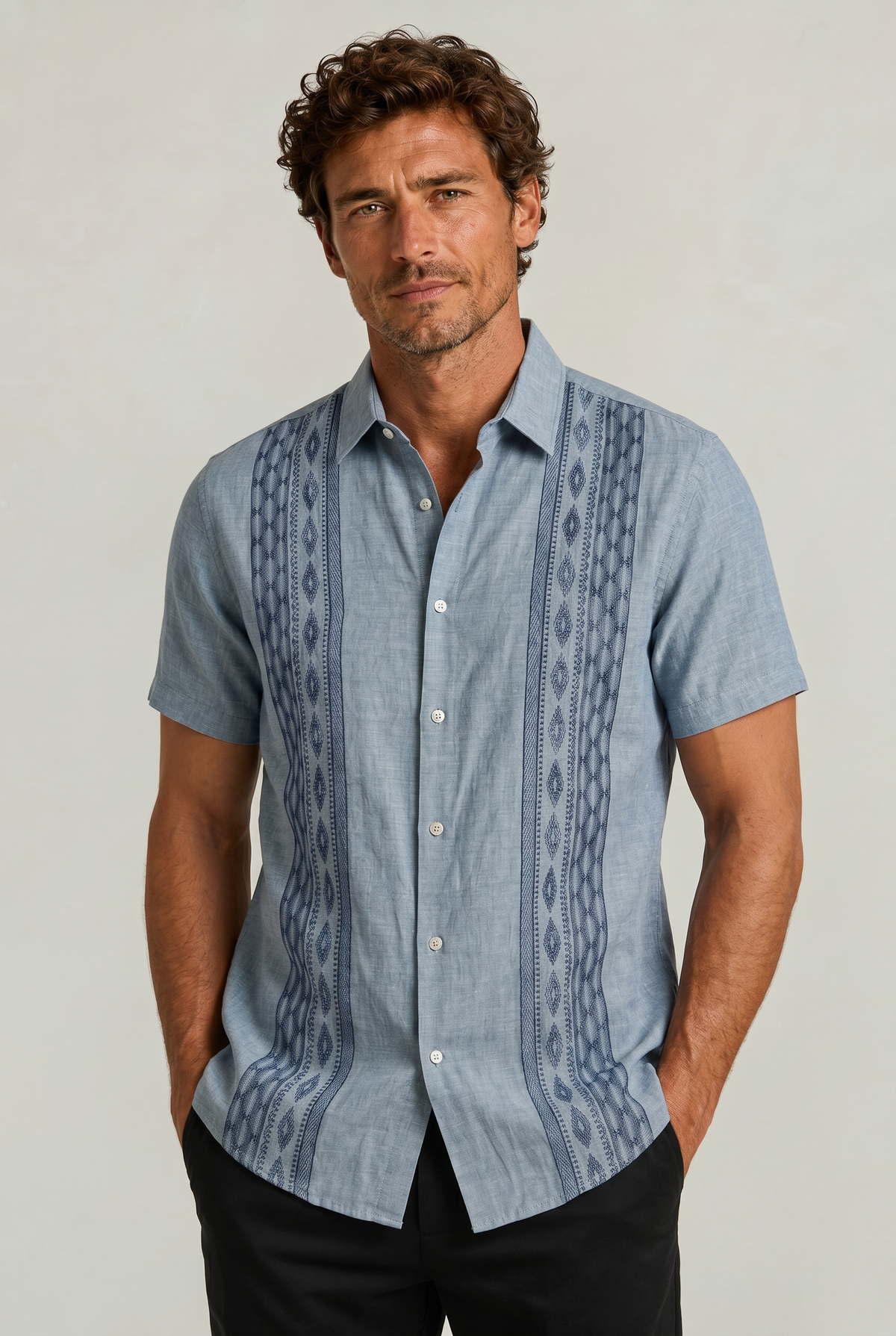 Men's Short Sleeve Shirts, Embroidered Regular Fit Summer Button Up