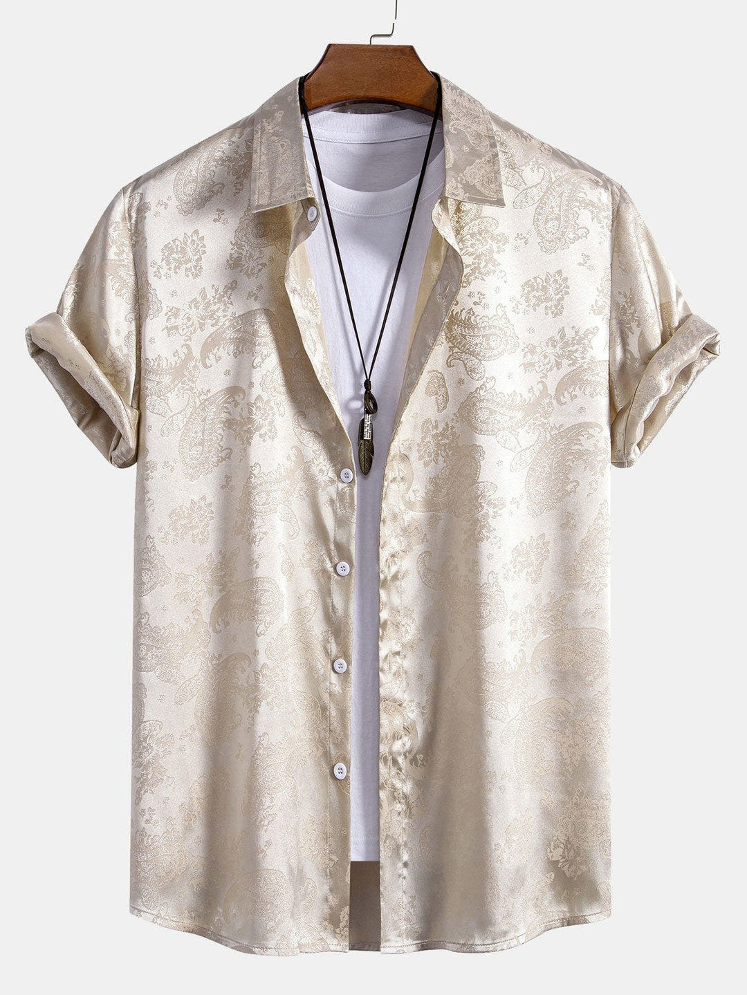 Men's Short Sleeve Shirts in Satin, Relaxed Fit with Paisley Pattern
