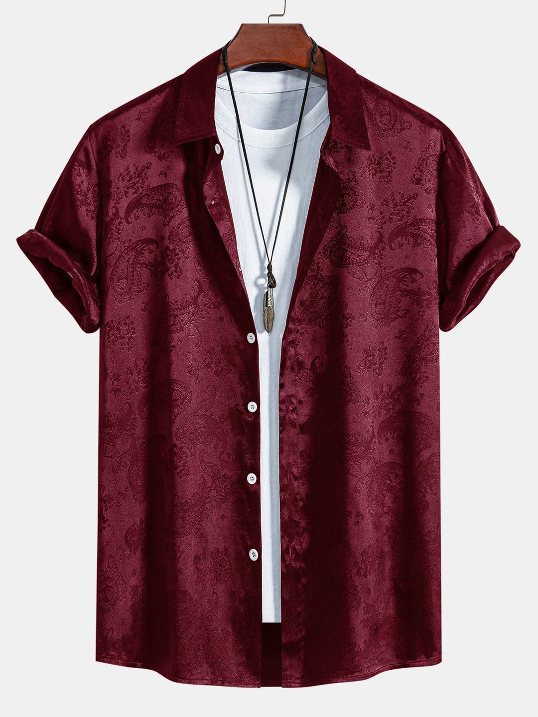 Men's Short Sleeve Shirts in Satin, Relaxed Fit with Paisley Pattern