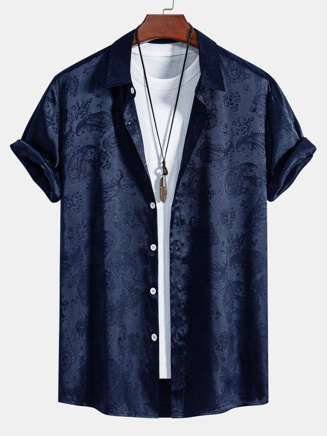 Men's Short Sleeve Shirts in Satin, Relaxed Fit with Paisley Pattern