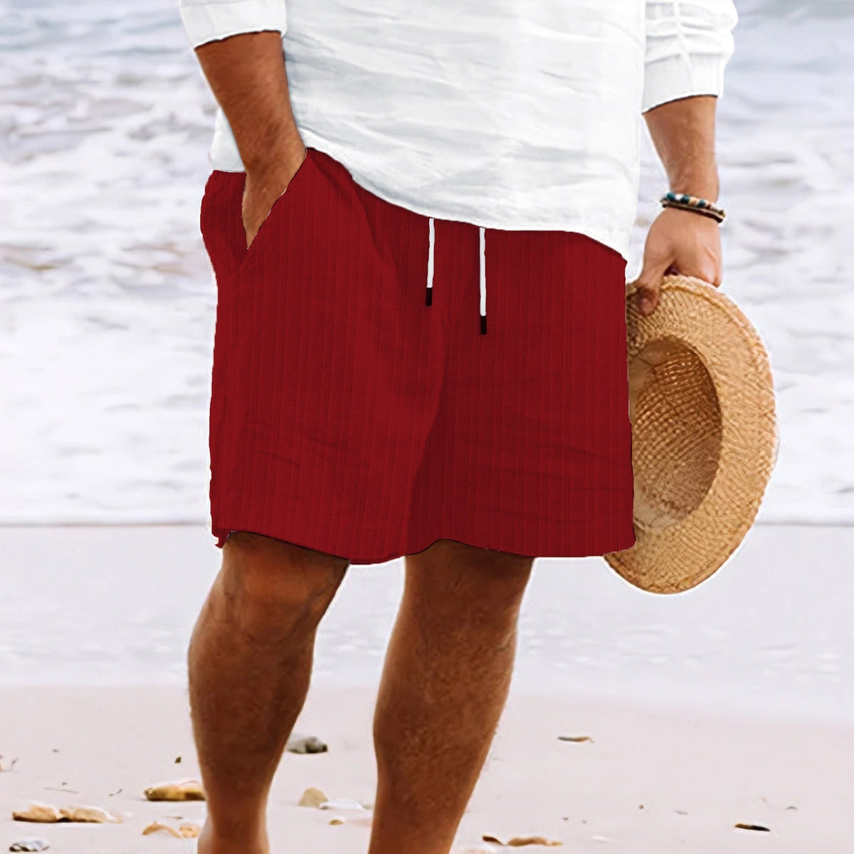 Men's Shorts with Drawstring, Loose Fit Striped Beach Style