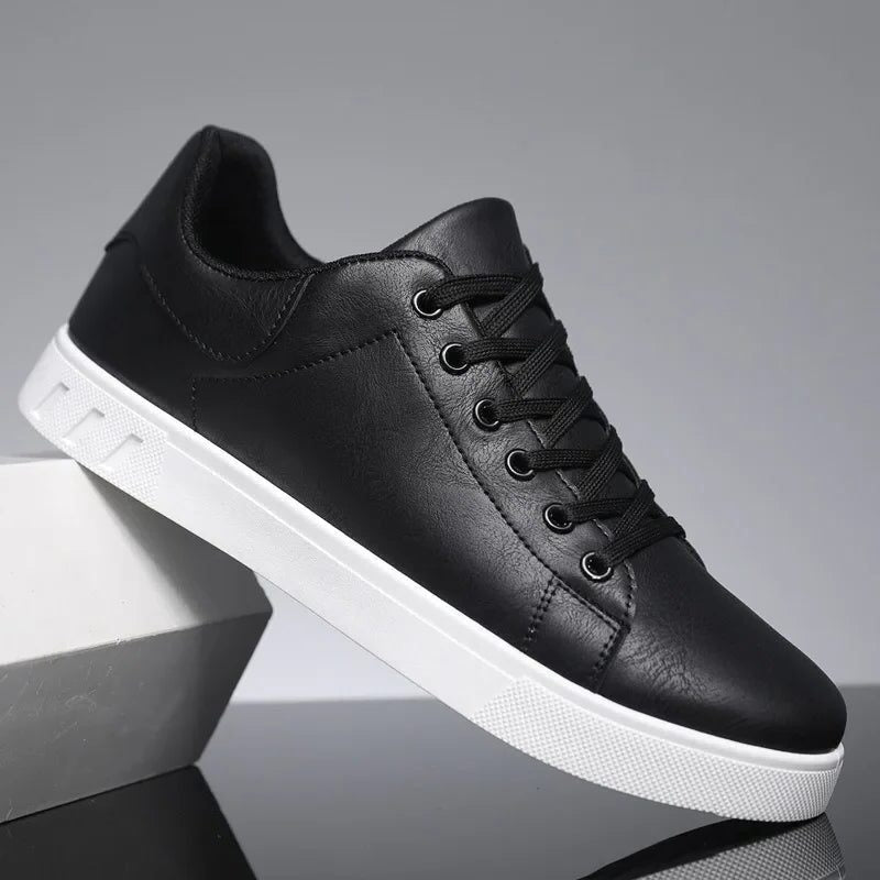 Men's Sneakers Leather Lace-Up with Contrast Sole, Casual Shoes