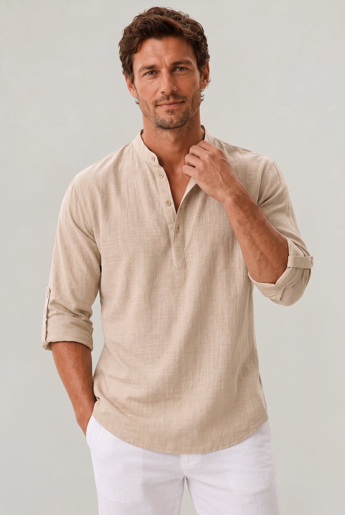 Men's T Shirts Linen Relaxed Fit, Henley Shirt with Grandad Collar